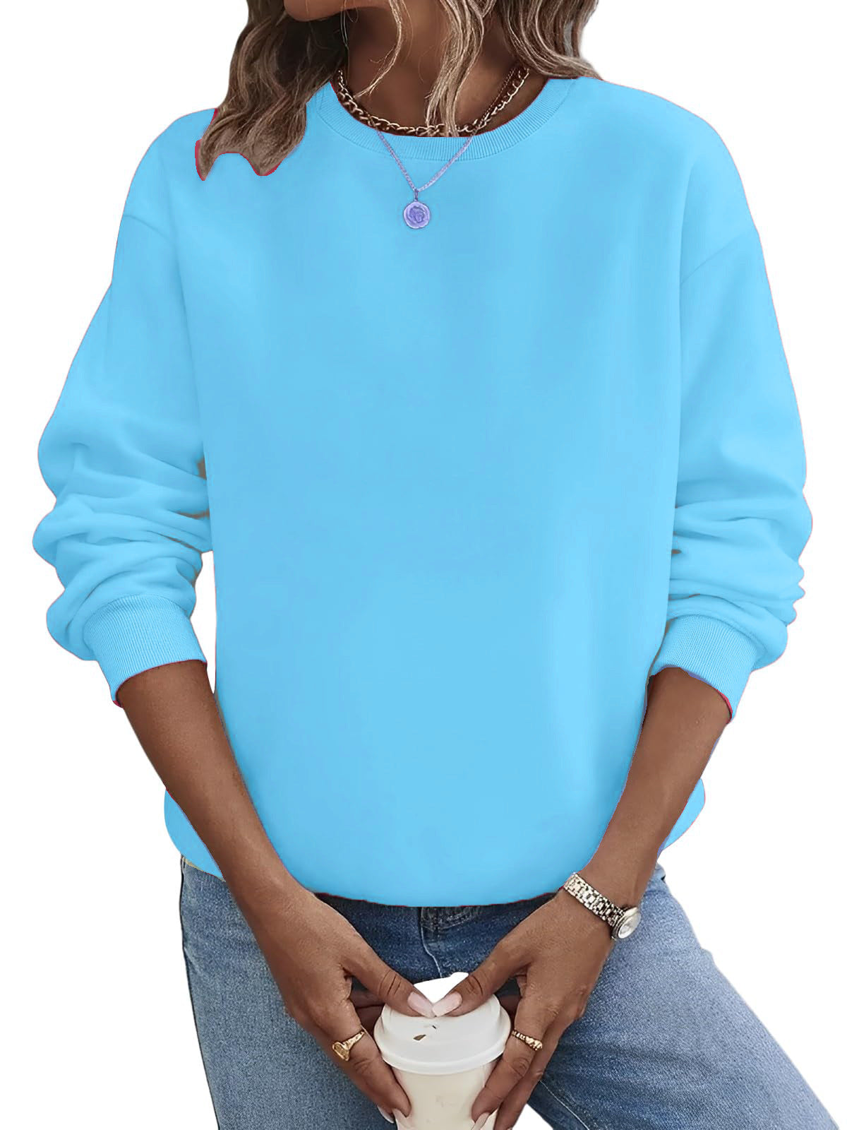 Suéter de moda de talla grande con cuello redondo en blanco y color liso