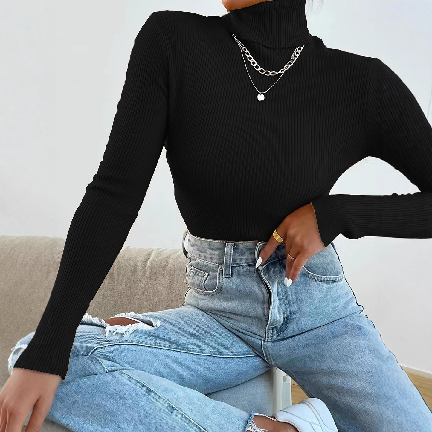 Suéter de cuello alto para mujer, jersey de punto