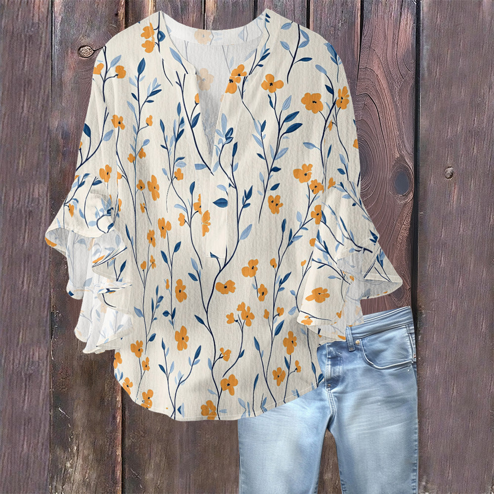Camiseta casual con cuello en V y borde de loto para mujer