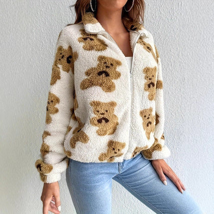 Abrigo cálido y holgado con forro polar y estampado de oso