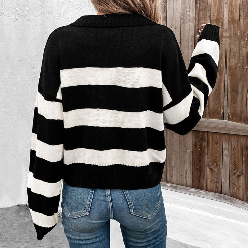Suéter de rayas con cuello polo y manga larga para mujer