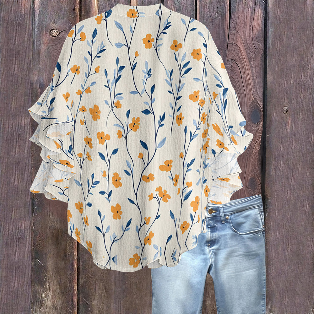 Camiseta casual con cuello en V y borde de loto para mujer