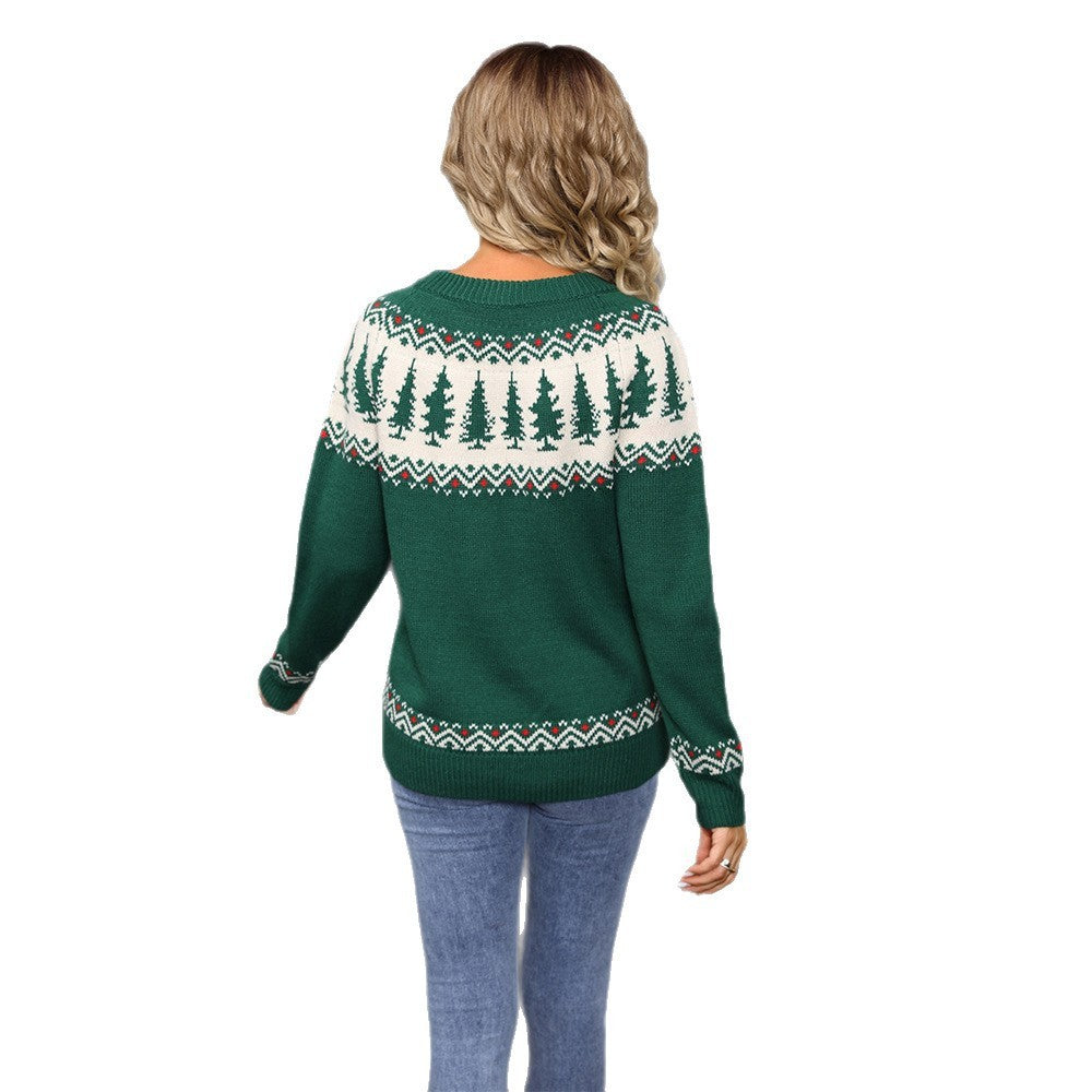 Suéter verde árbol de Navidad de jacquard con cuello redondo para mujer