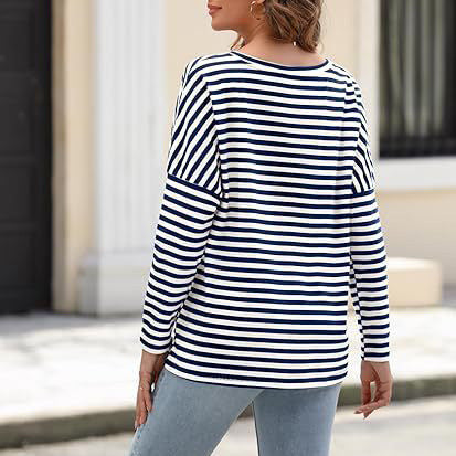 Camiseta de mujer de manga larga con cuello redondo y rayas de color en contraste