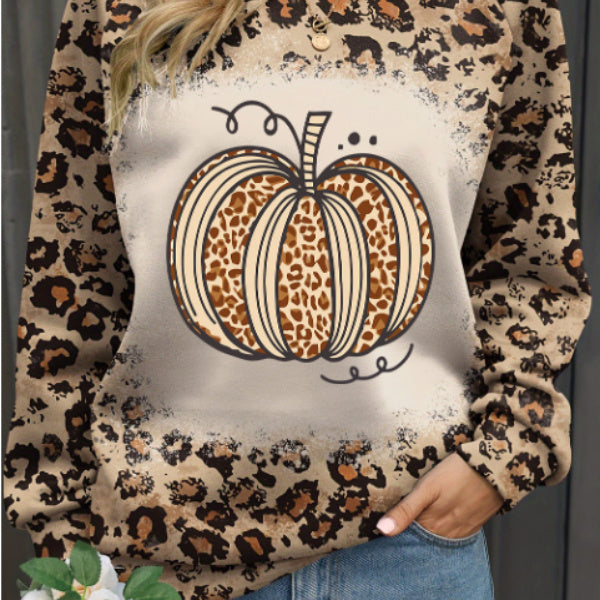 Sudadera marrón blanqueada con estampado de leopardo y calabaza de Halloween