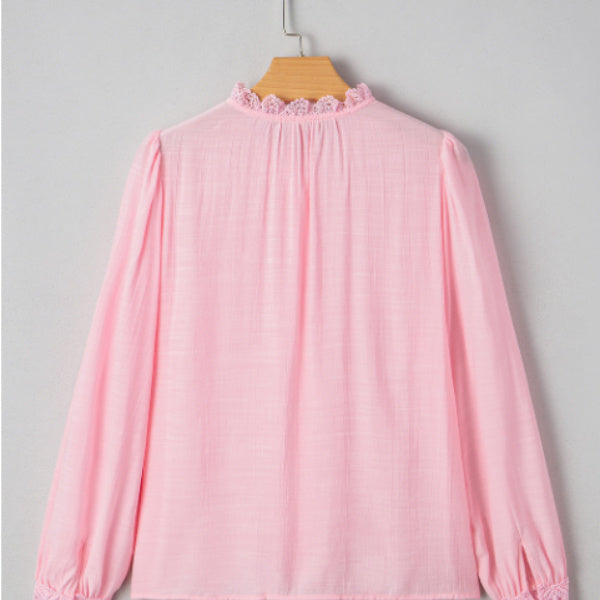 Camisa sin cuello con botones y borde de patchwork de encaje