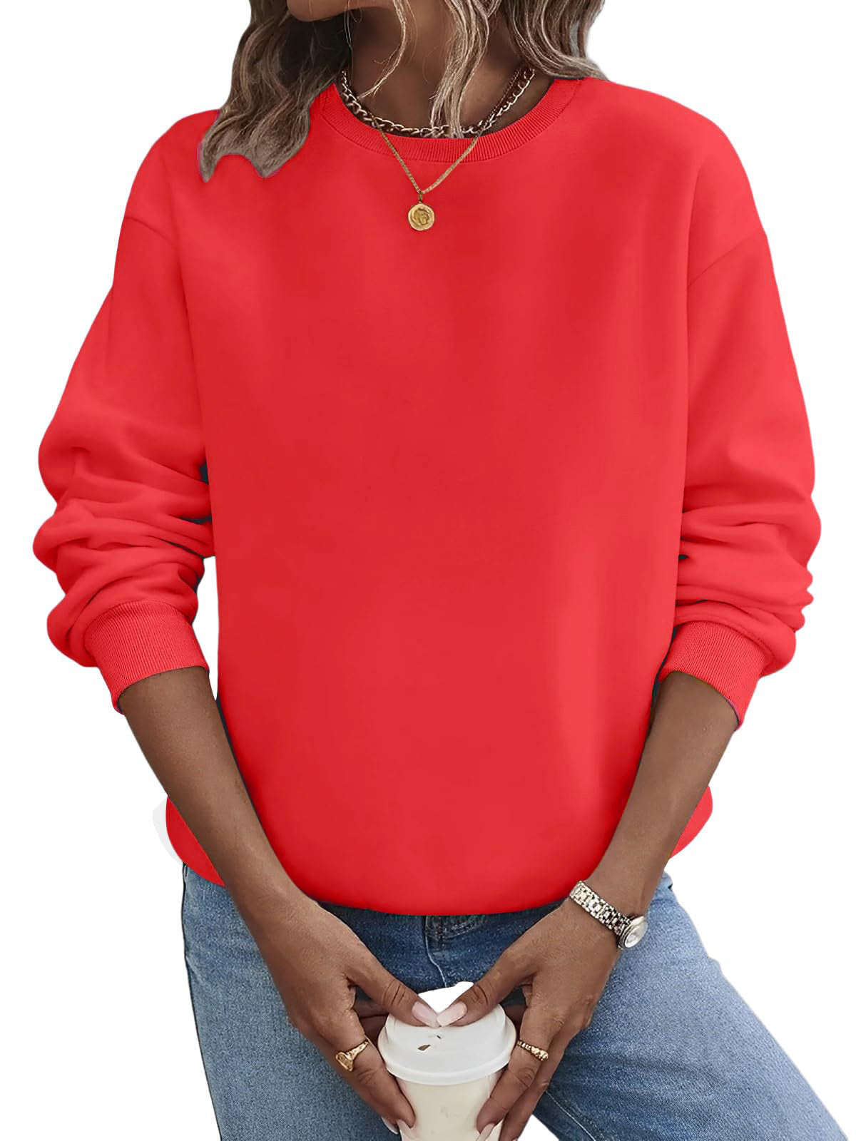 Suéter de moda de talla grande con cuello redondo en blanco y color liso