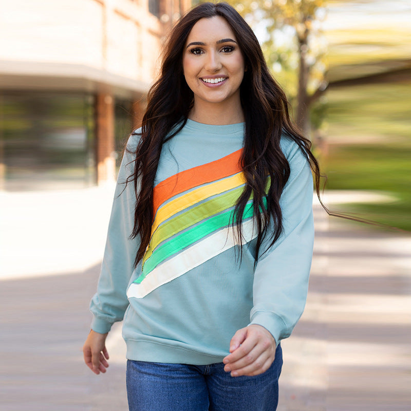 Sudadera informal holgada de manga larga con rayas de arcoíris