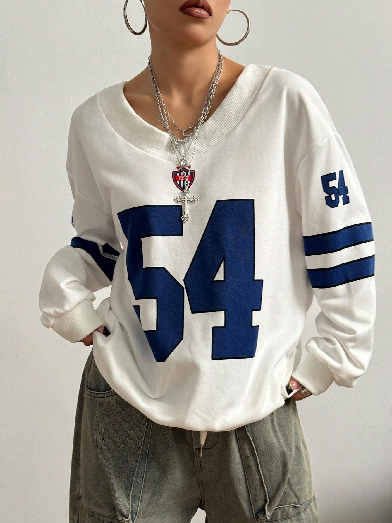 Sudadera holgada con cuello en V, estampado de letras y para todo tipo de ocasiones