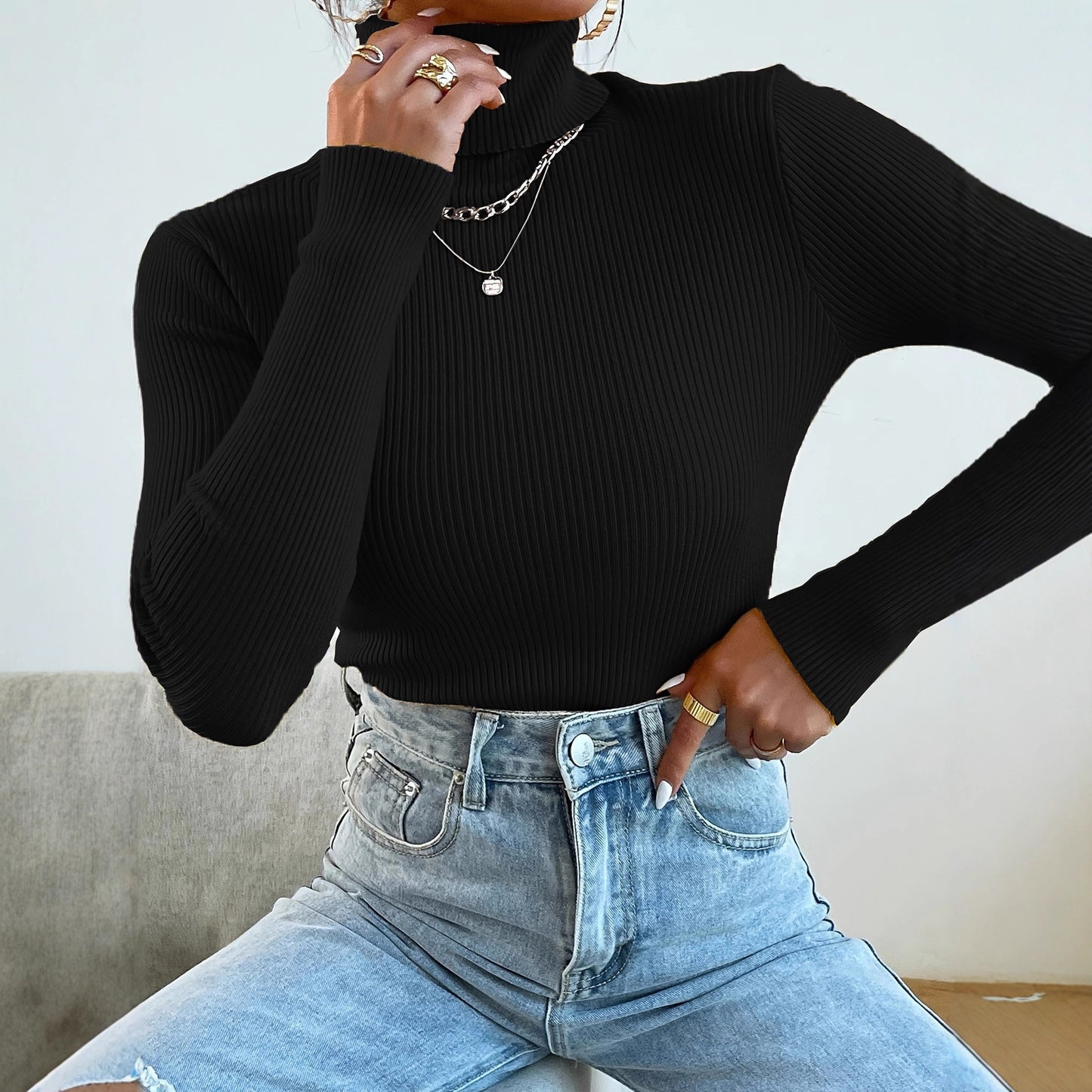 Suéter de cuello alto para mujer, jersey de punto