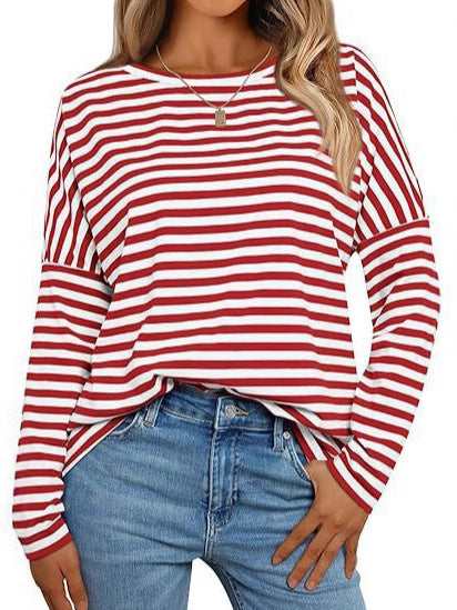 Camiseta de mujer de manga larga con cuello redondo y rayas de color en contraste