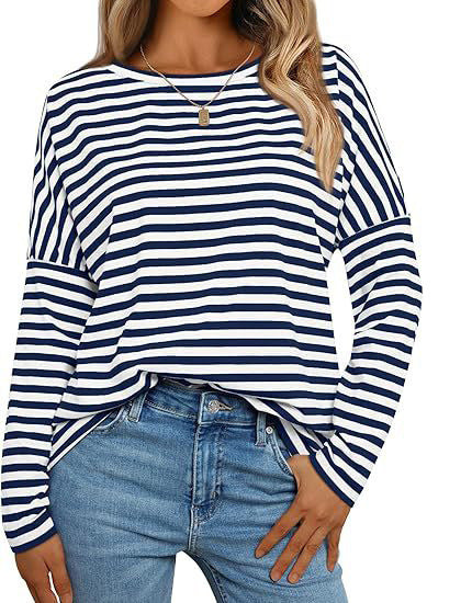 Camiseta de mujer de manga larga con cuello redondo y rayas de color en contraste