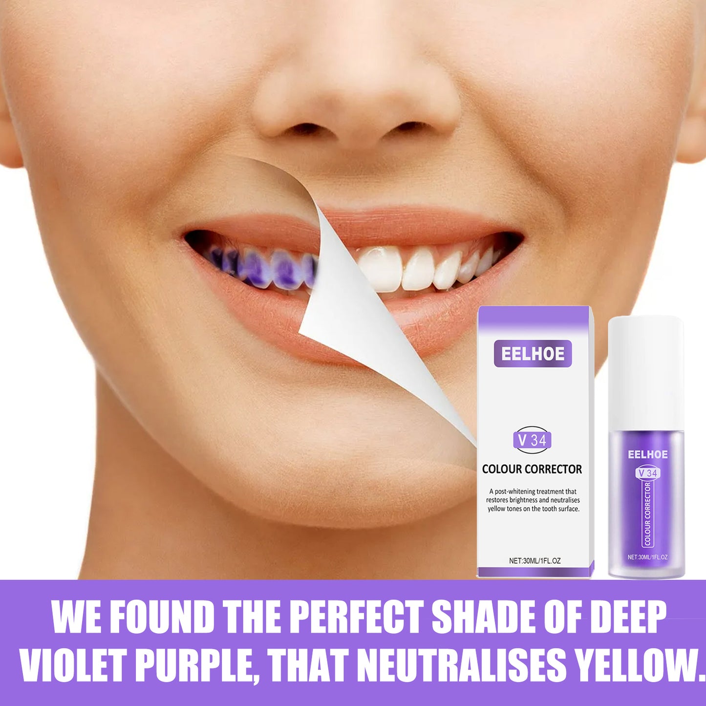 V34 Colour Corrector, Mouth Shine White Clean Stains Shine White Teeth Purple Toothpaste