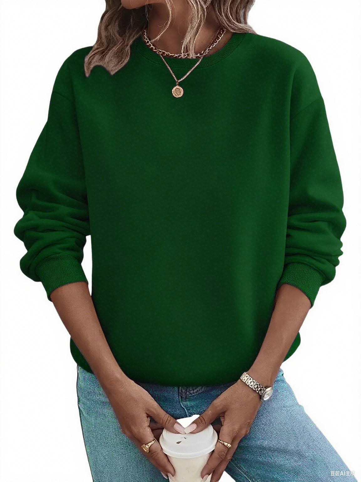 Suéter de moda de talla grande con cuello redondo en blanco y color liso