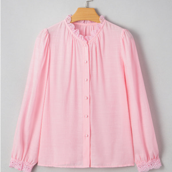 Camisa sin cuello con botones y borde de patchwork de encaje