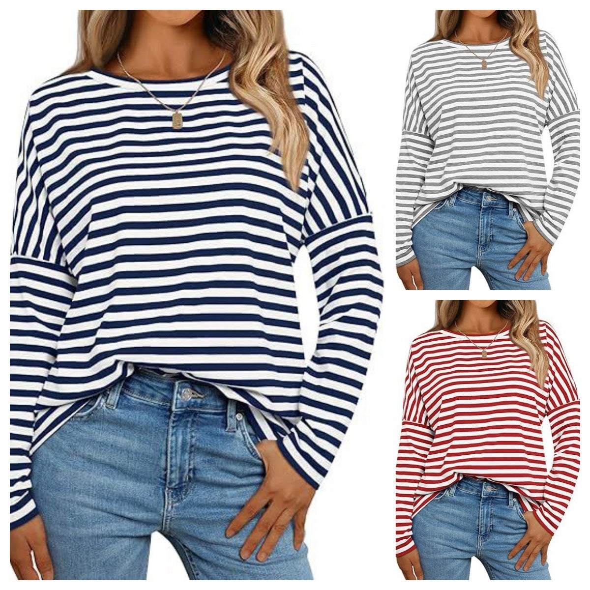 Camiseta de mujer de manga larga con cuello redondo y rayas de color en contraste