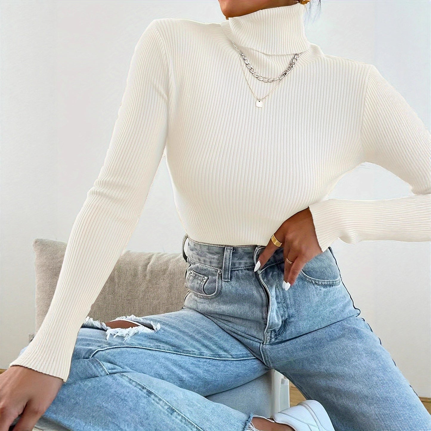 Suéter de cuello alto para mujer, jersey de punto