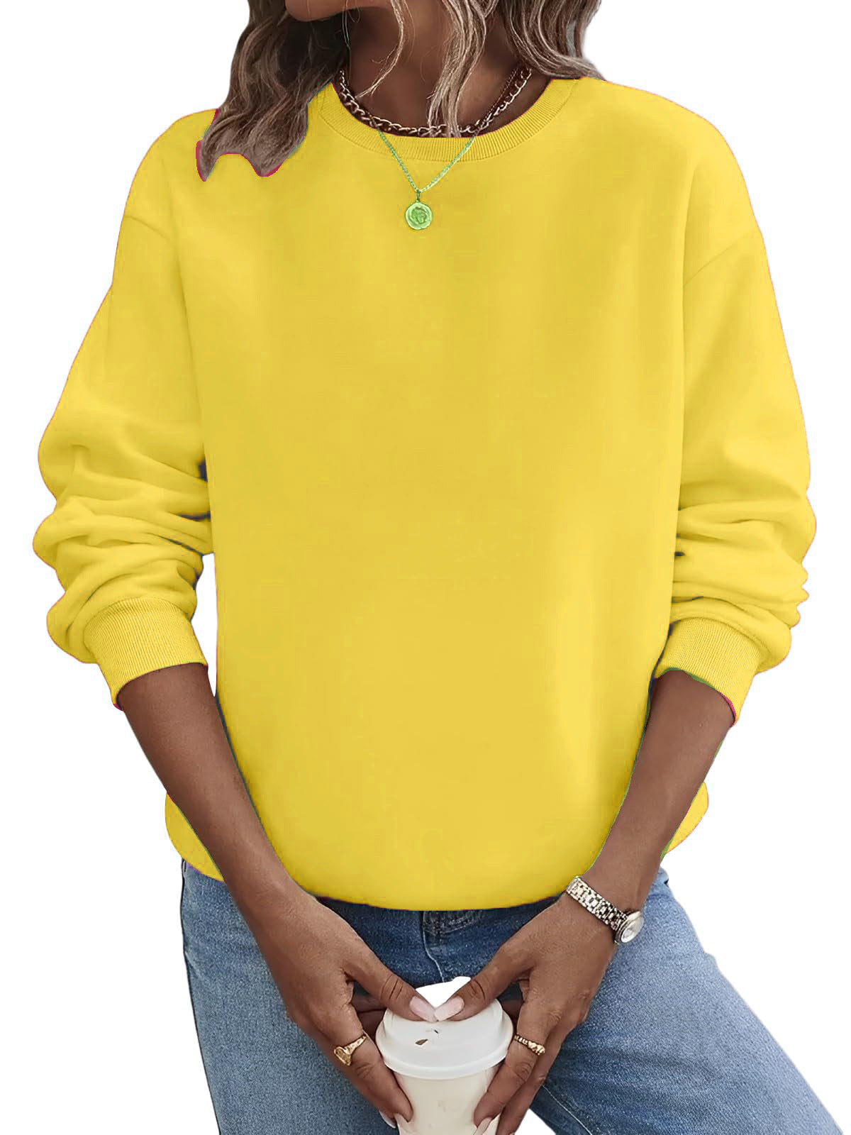 Suéter de moda de talla grande con cuello redondo en blanco y color liso