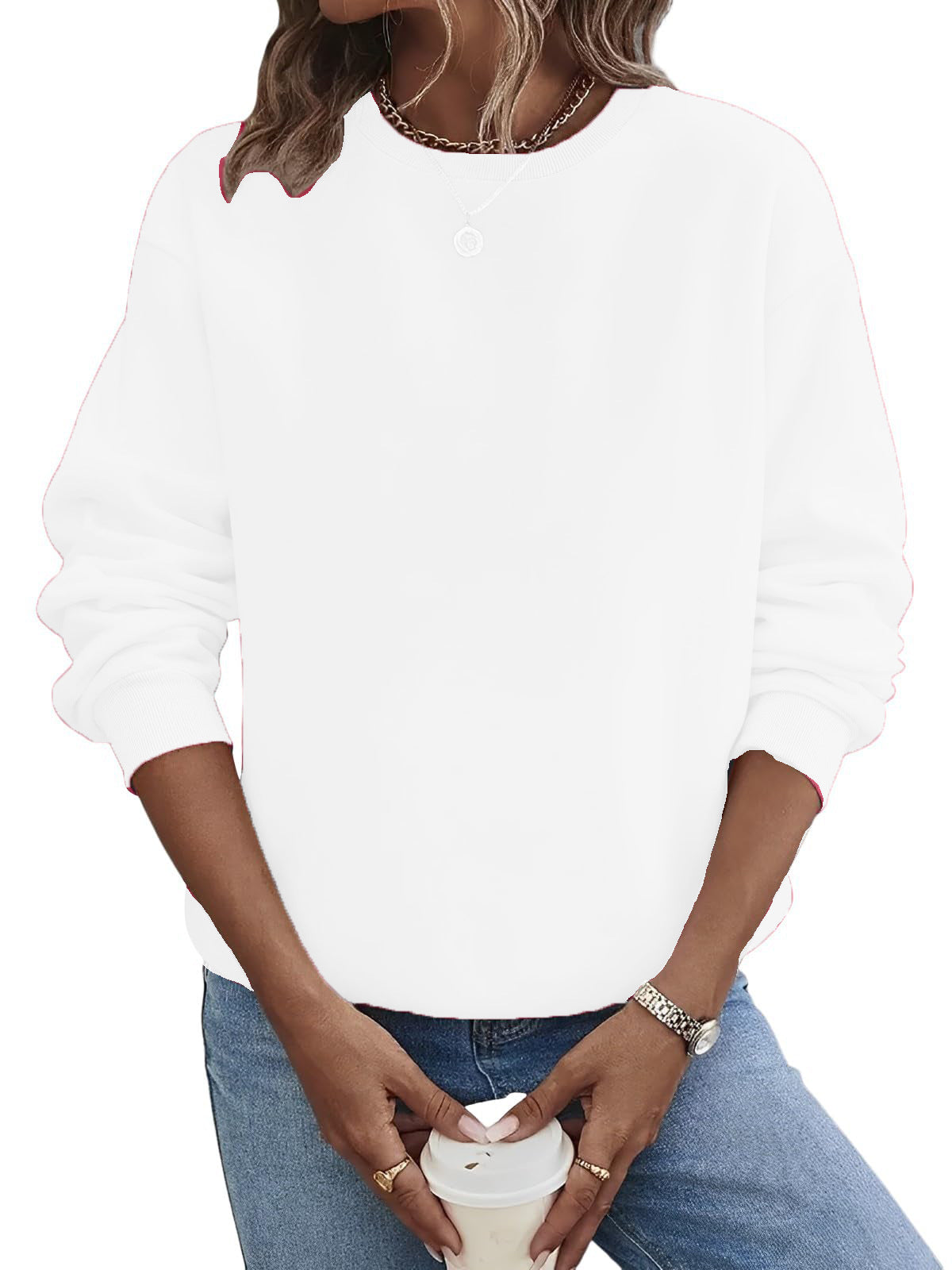 Suéter de moda de talla grande con cuello redondo en blanco y color liso