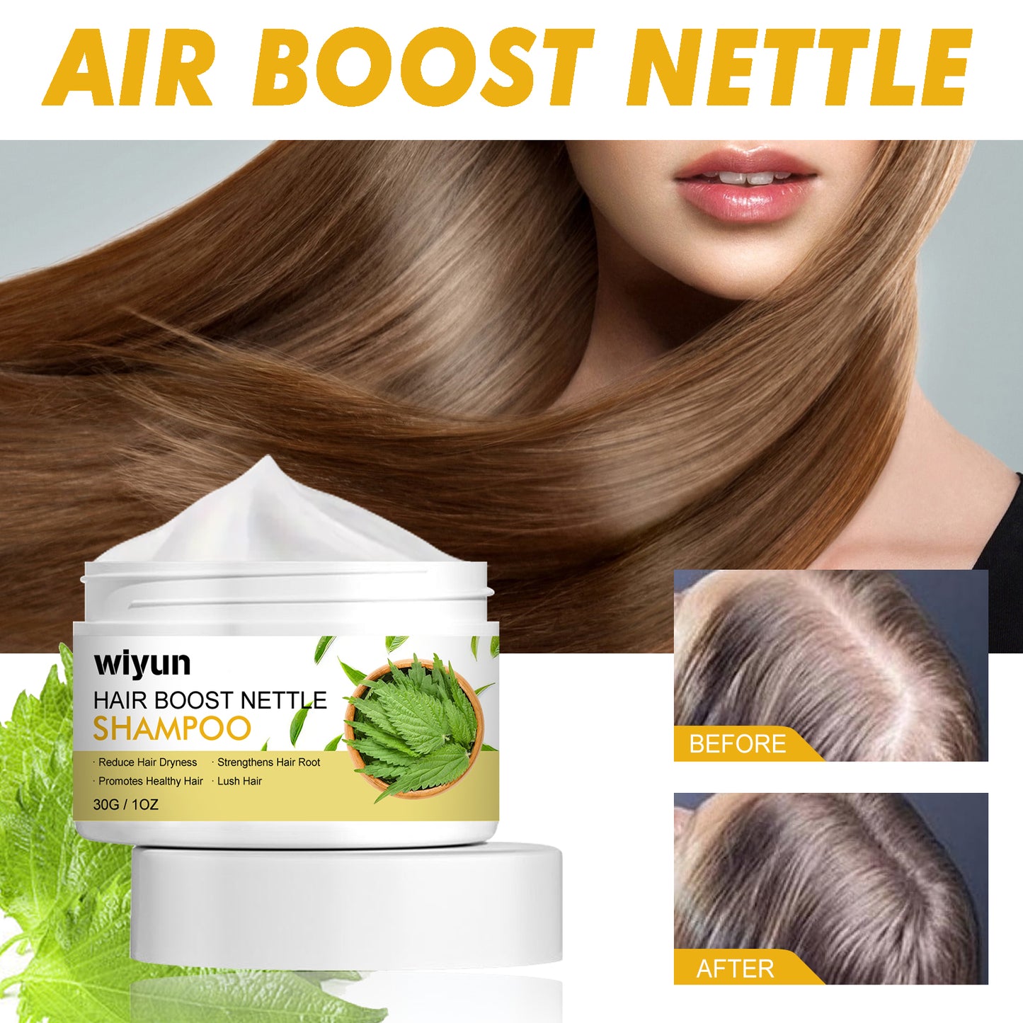 WIYUN Hair Boost Nettle Shampoo, Deep Cleansing Scalp Moisturizing Repair Solid Hair Dense Anti-Fall Smoothing Hair Care Shampoo