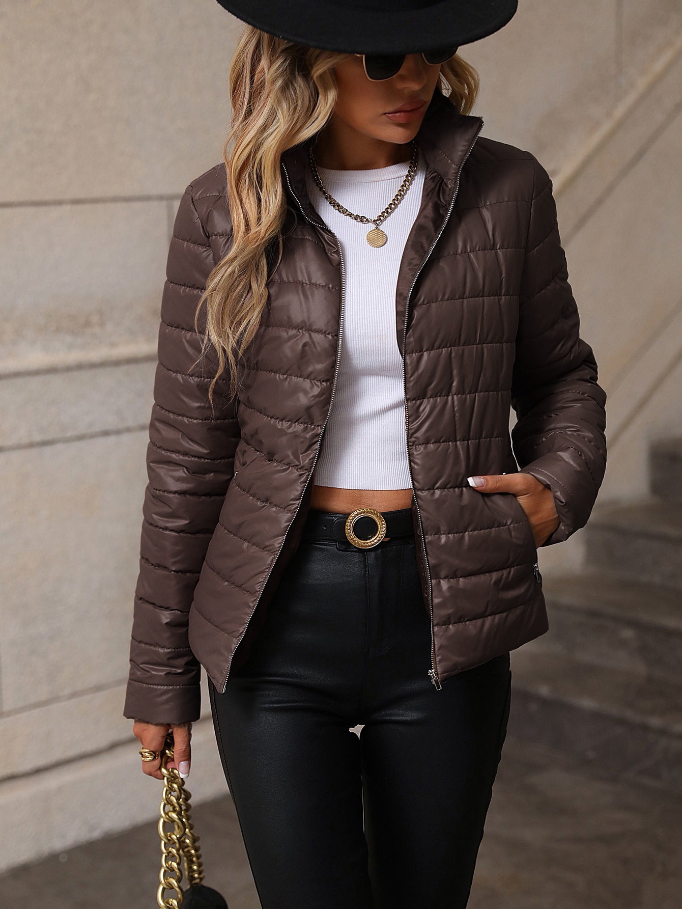 Chaqueta de algodón con cuello alto informal para mujer europea y americana