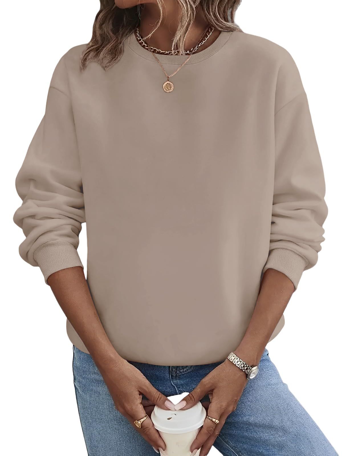 Suéter de moda de talla grande con cuello redondo en blanco y color liso