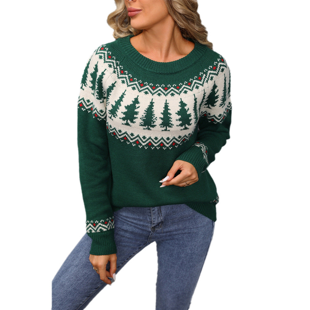 Suéter verde árbol de Navidad de jacquard con cuello redondo para mujer