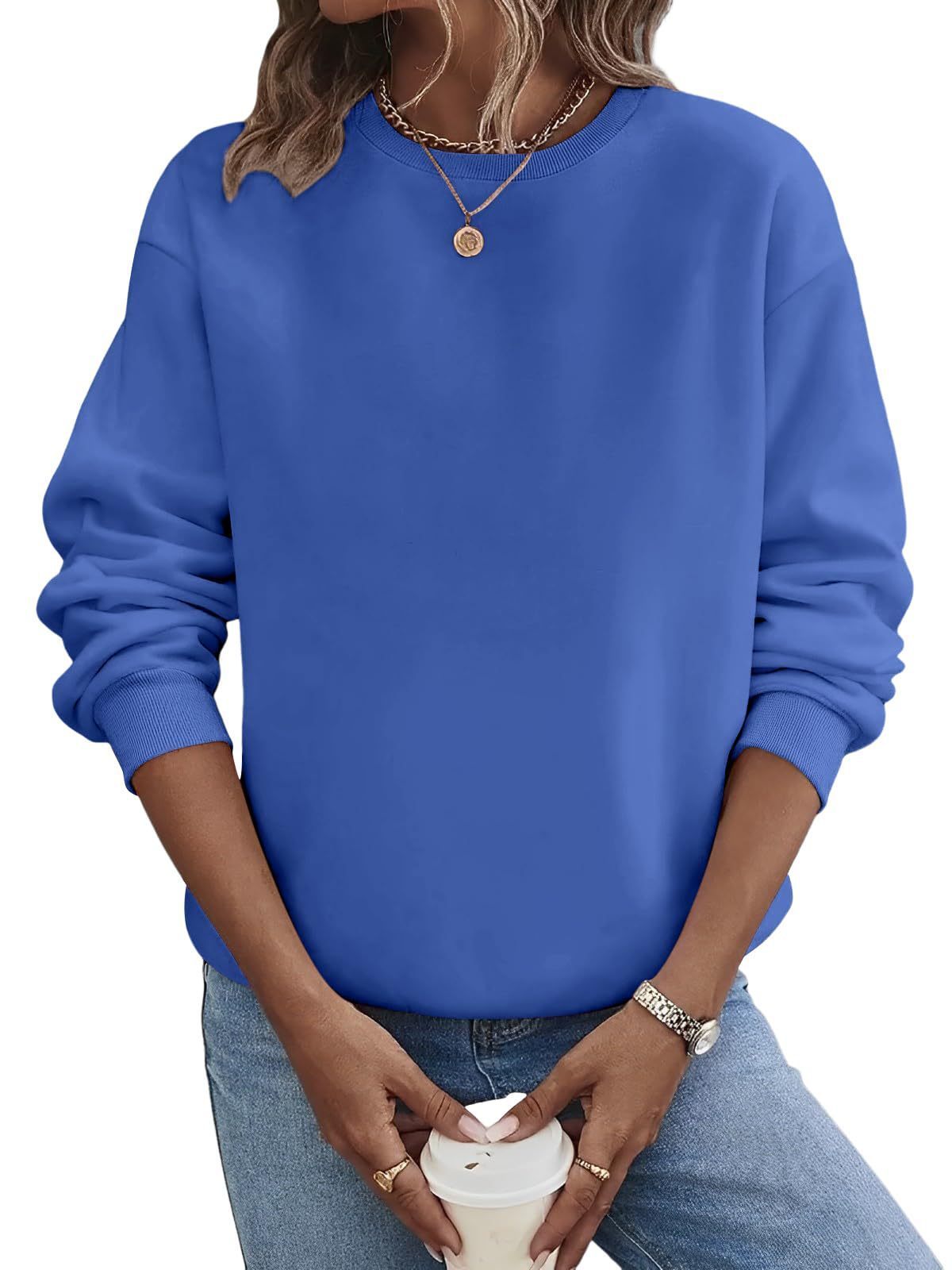 Suéter de moda de talla grande con cuello redondo en blanco y color liso