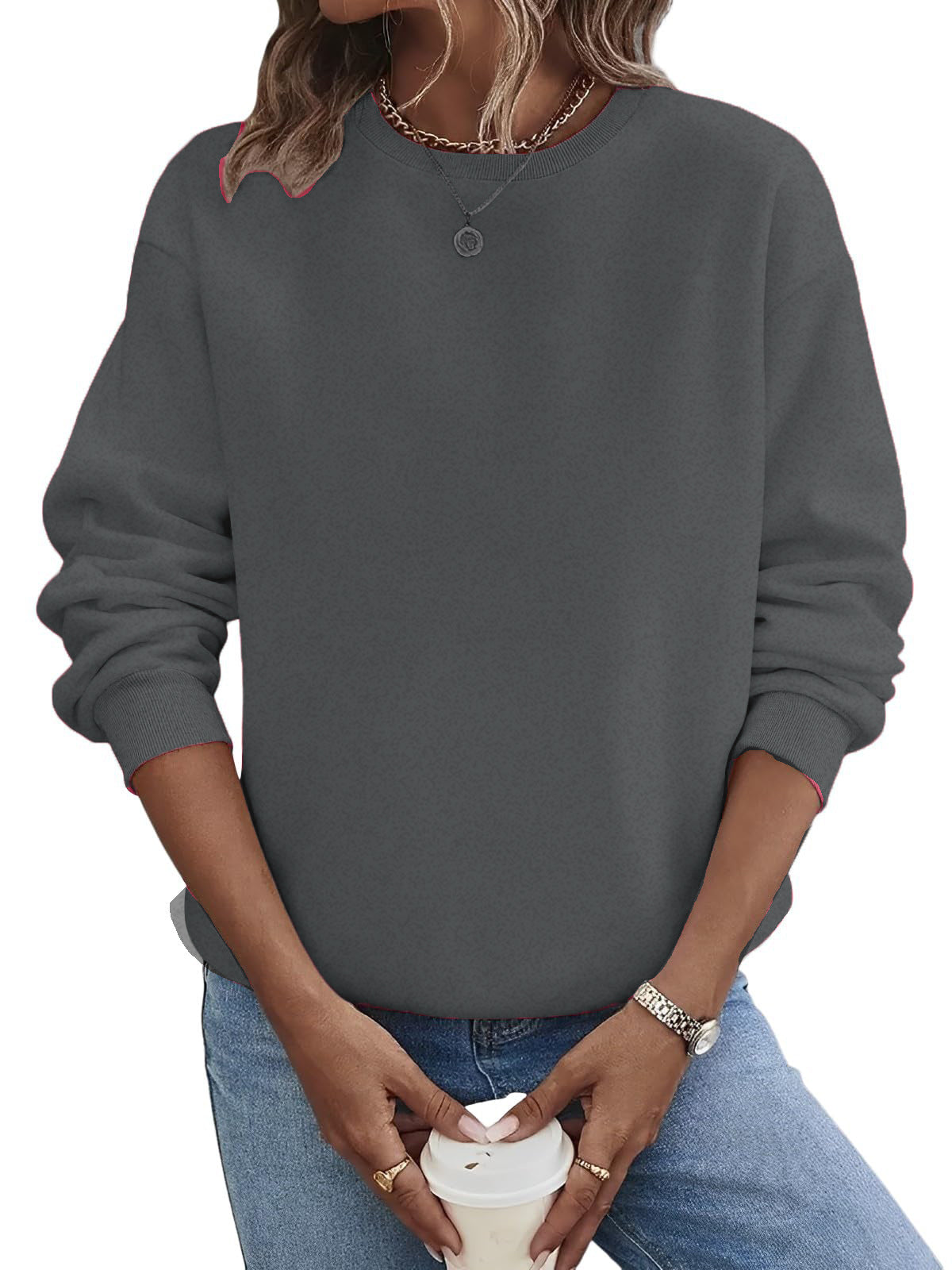 Suéter de moda de talla grande con cuello redondo en blanco y color liso