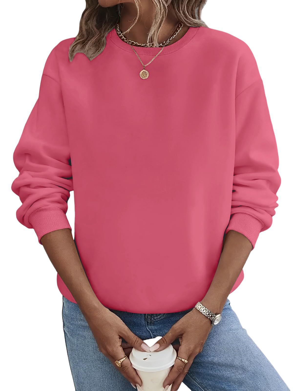 Suéter de moda de talla grande con cuello redondo en blanco y color liso