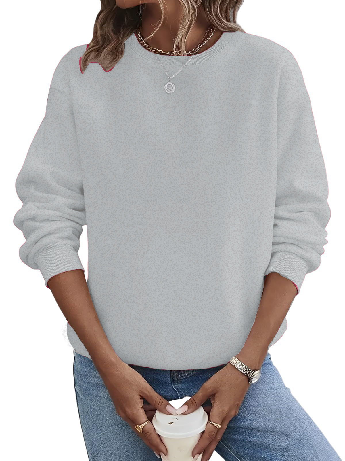 Suéter de moda de talla grande con cuello redondo en blanco y color liso