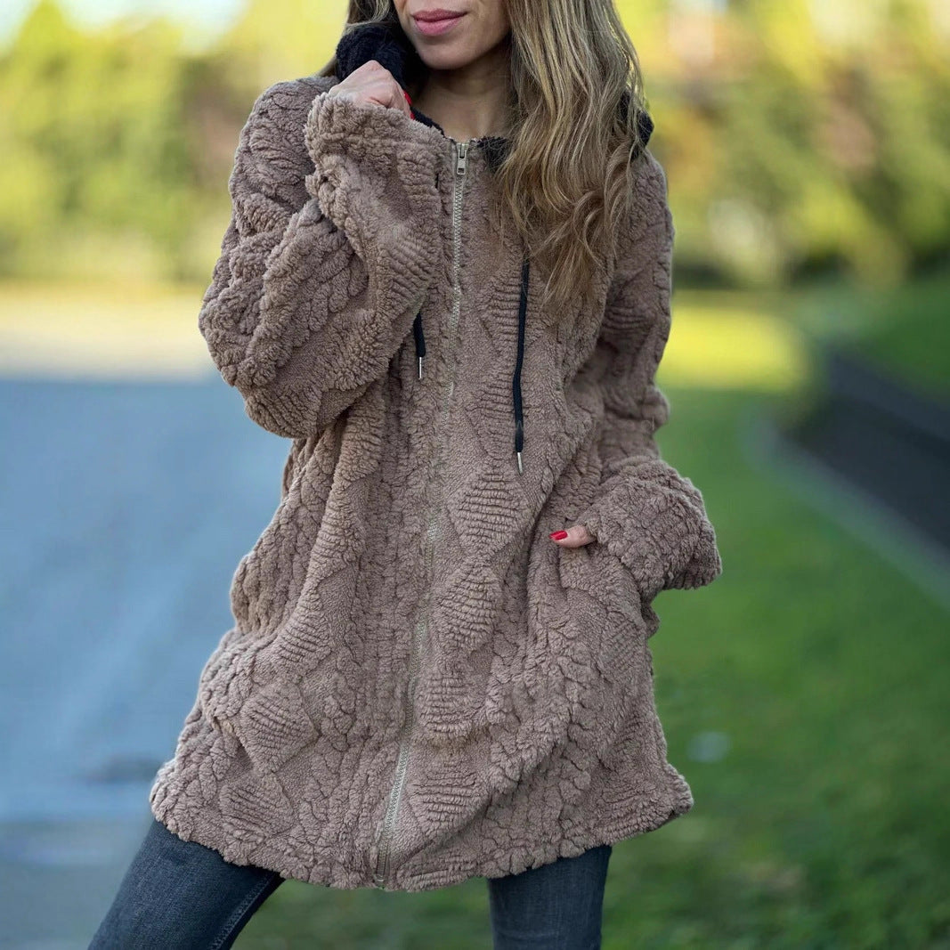 Abrigo de manga larga con capucha y cremallera de piel de color liso para mujer