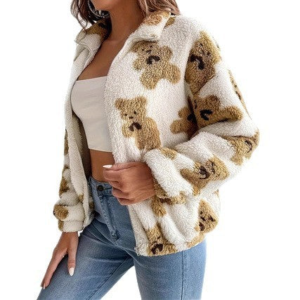 Abrigo cálido y holgado con forro polar y estampado de oso