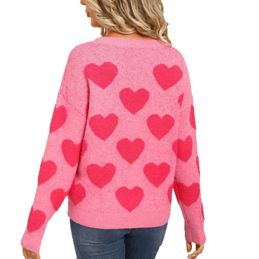 Suéter estilo europeo y americano con estampado de corazón de melocotón y jacquard para mujer