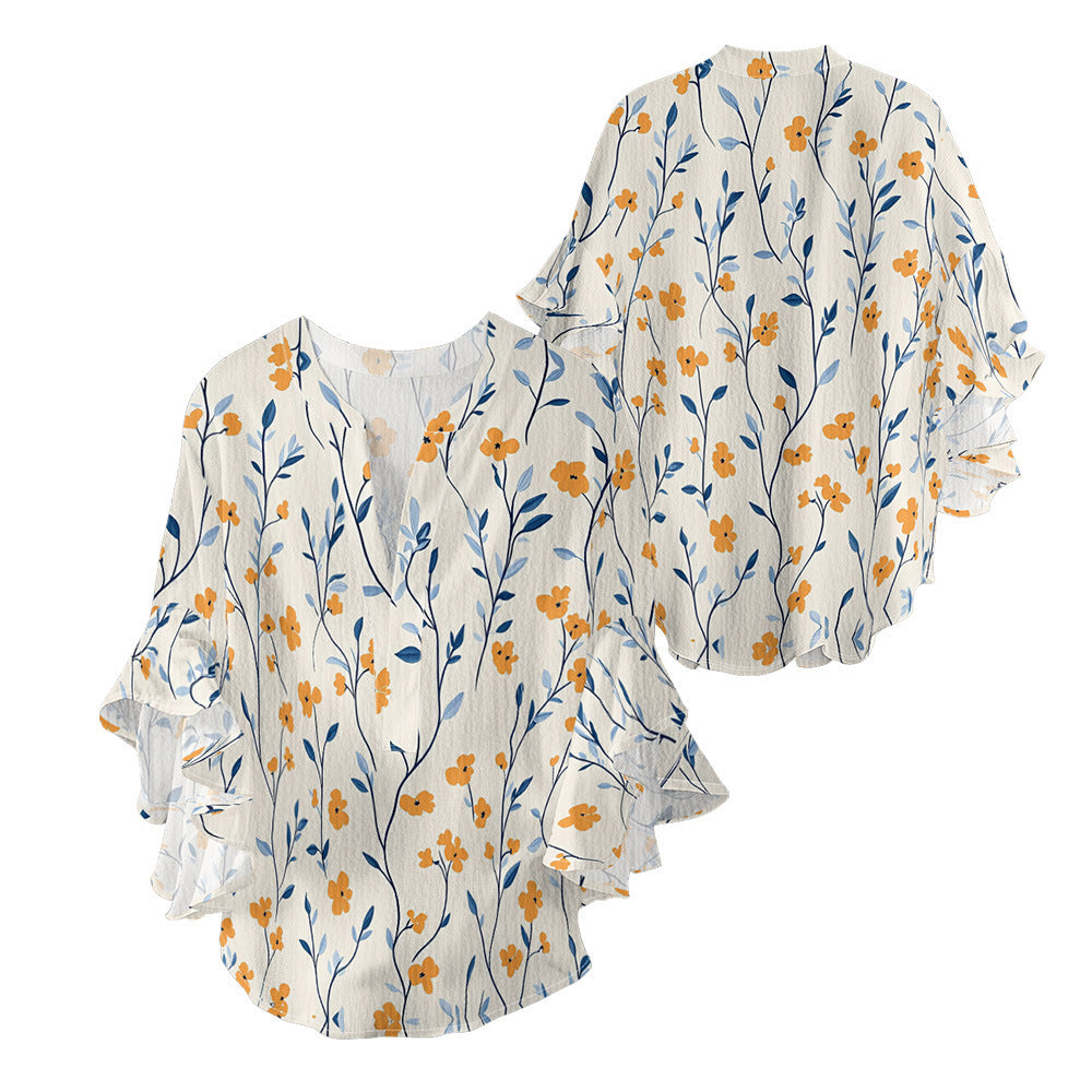 Camiseta casual con cuello en V y borde de loto para mujer