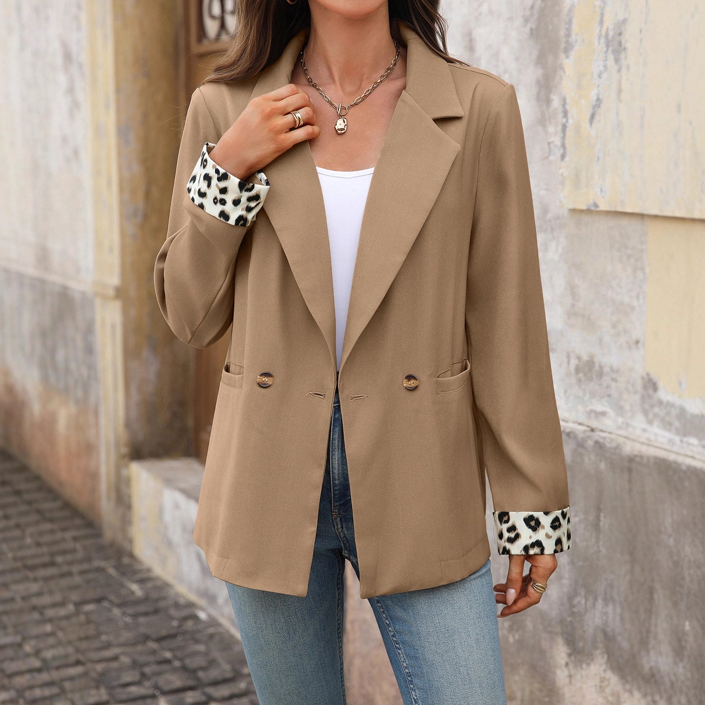 Chaqueta de traje vintage con estampado de leopardo y costuras para mujer