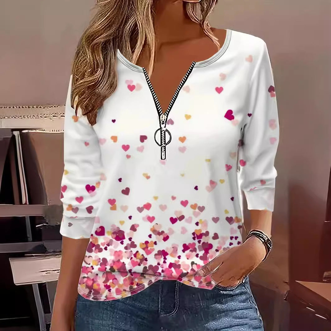Camiseta con cuello redondo y cremallera con estampado digital Love