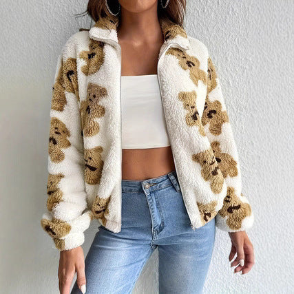 Abrigo cálido y holgado con forro polar y estampado de oso