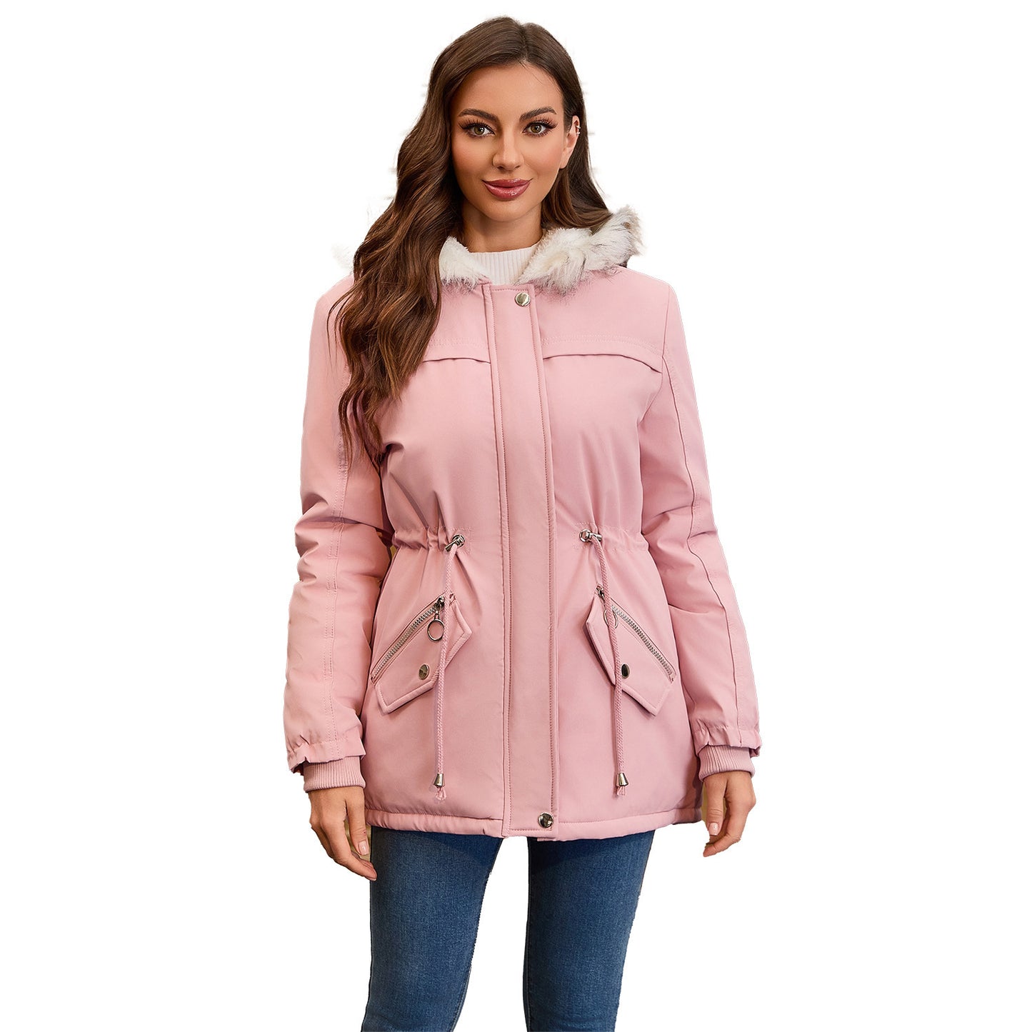 Abrigo acolchado de polar con cuello de piel y capucha para mujer
