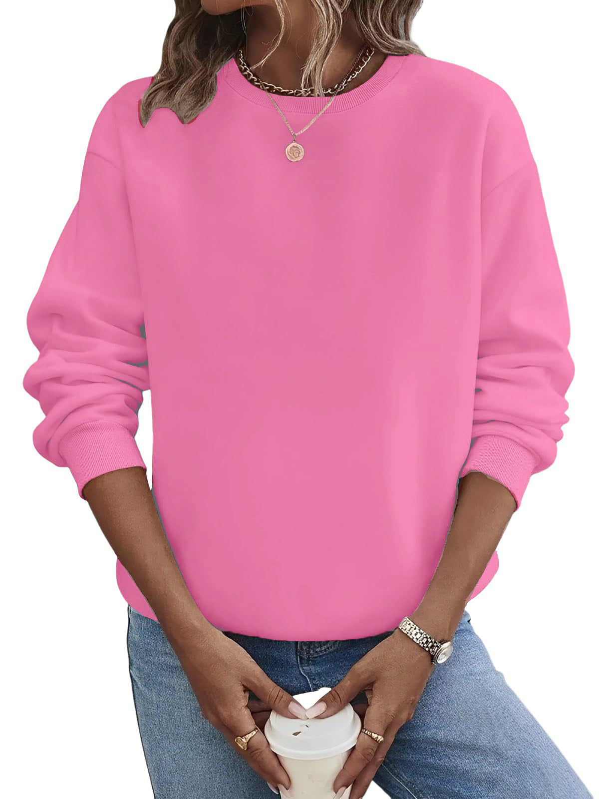 Suéter de moda de talla grande con cuello redondo en blanco y color liso