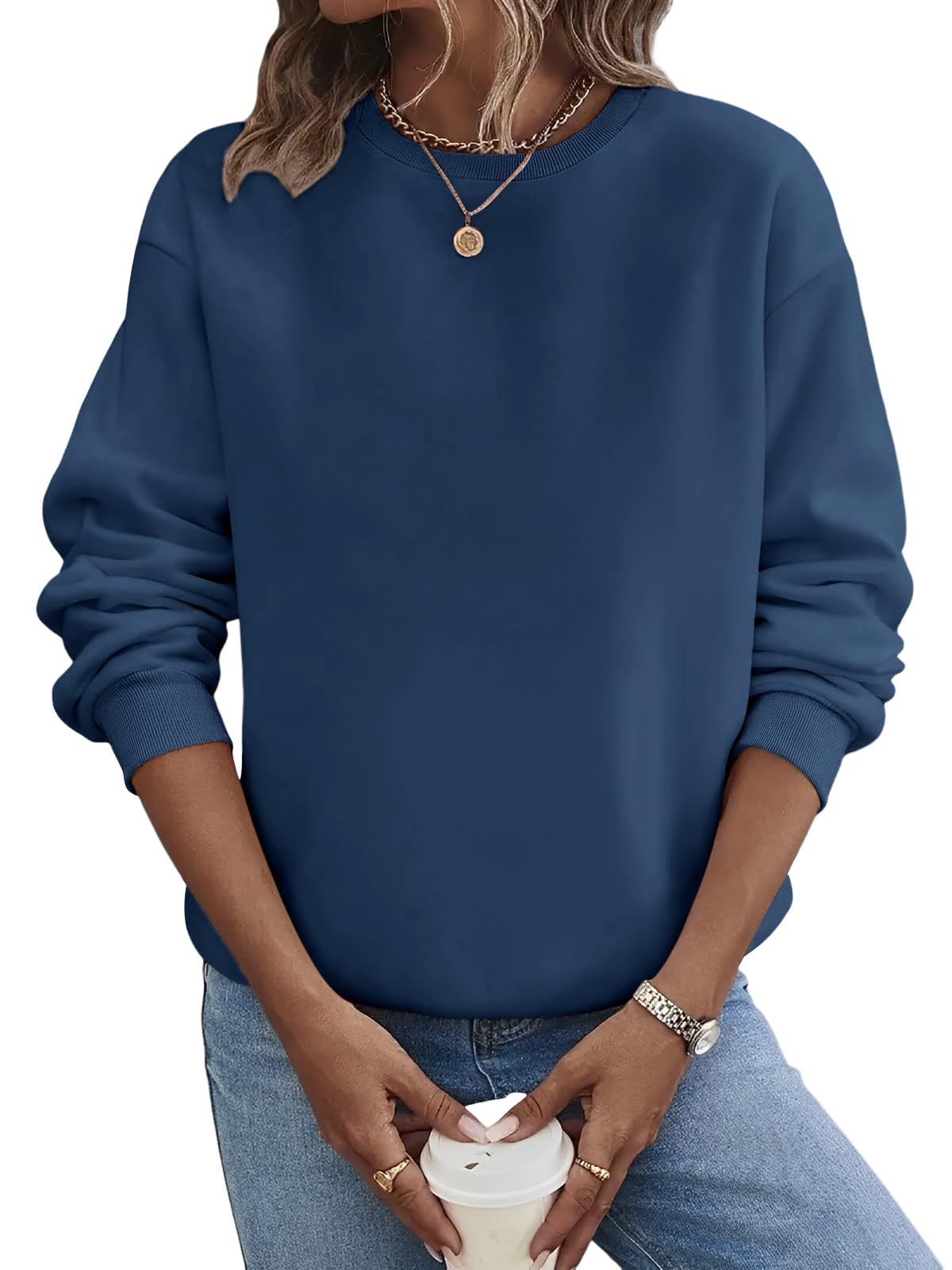 Suéter de moda de talla grande con cuello redondo en blanco y color liso