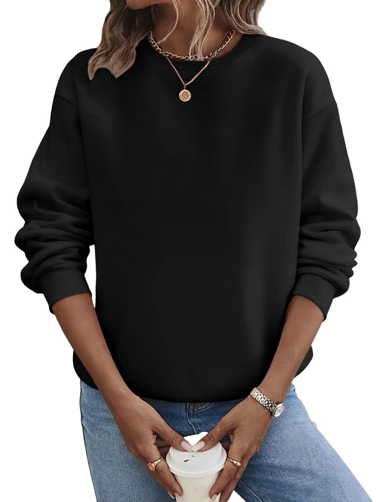 Suéter de moda de talla grande con cuello redondo en blanco y color liso