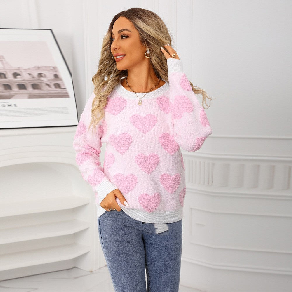 Suéter estilo europeo y americano con estampado de corazón de melocotón y jacquard para mujer
