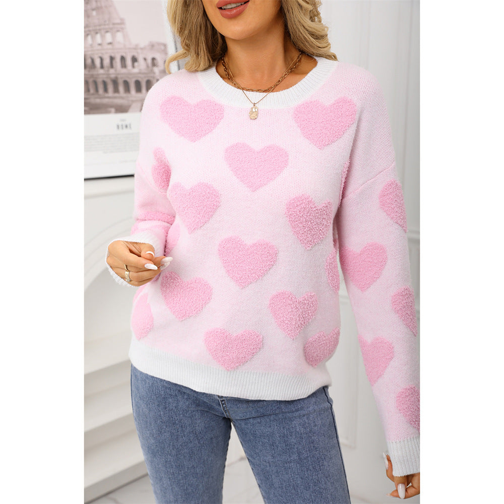 Suéter estilo europeo y americano con estampado de corazón de melocotón y jacquard para mujer