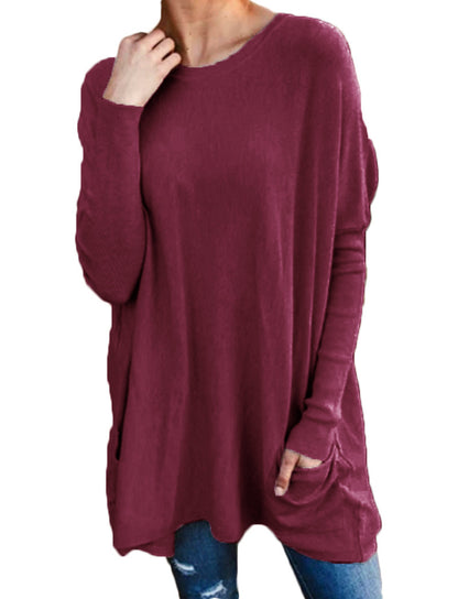 Top informal de manga larga holgado con bolsillo para mujer