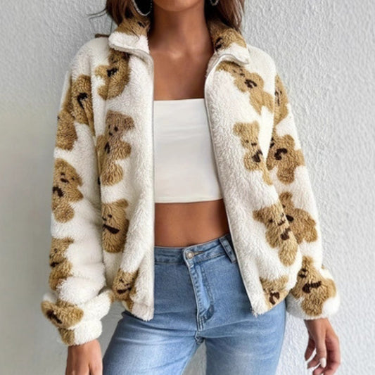 Abrigo cálido y holgado con forro polar y estampado de oso