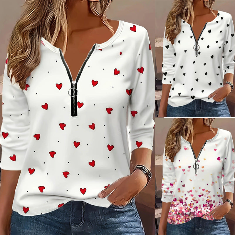 Camiseta con cuello redondo y cremallera con estampado digital Love