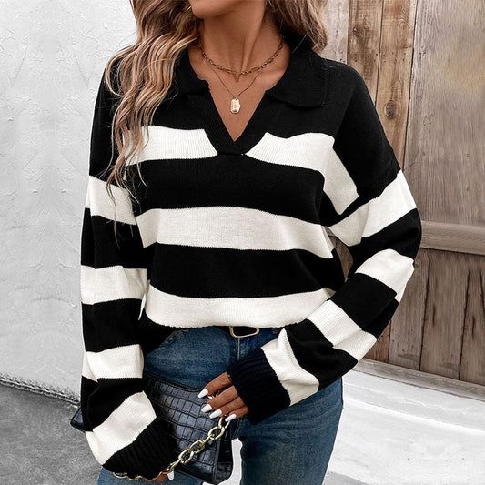 Suéter de rayas con cuello polo y manga larga para mujer