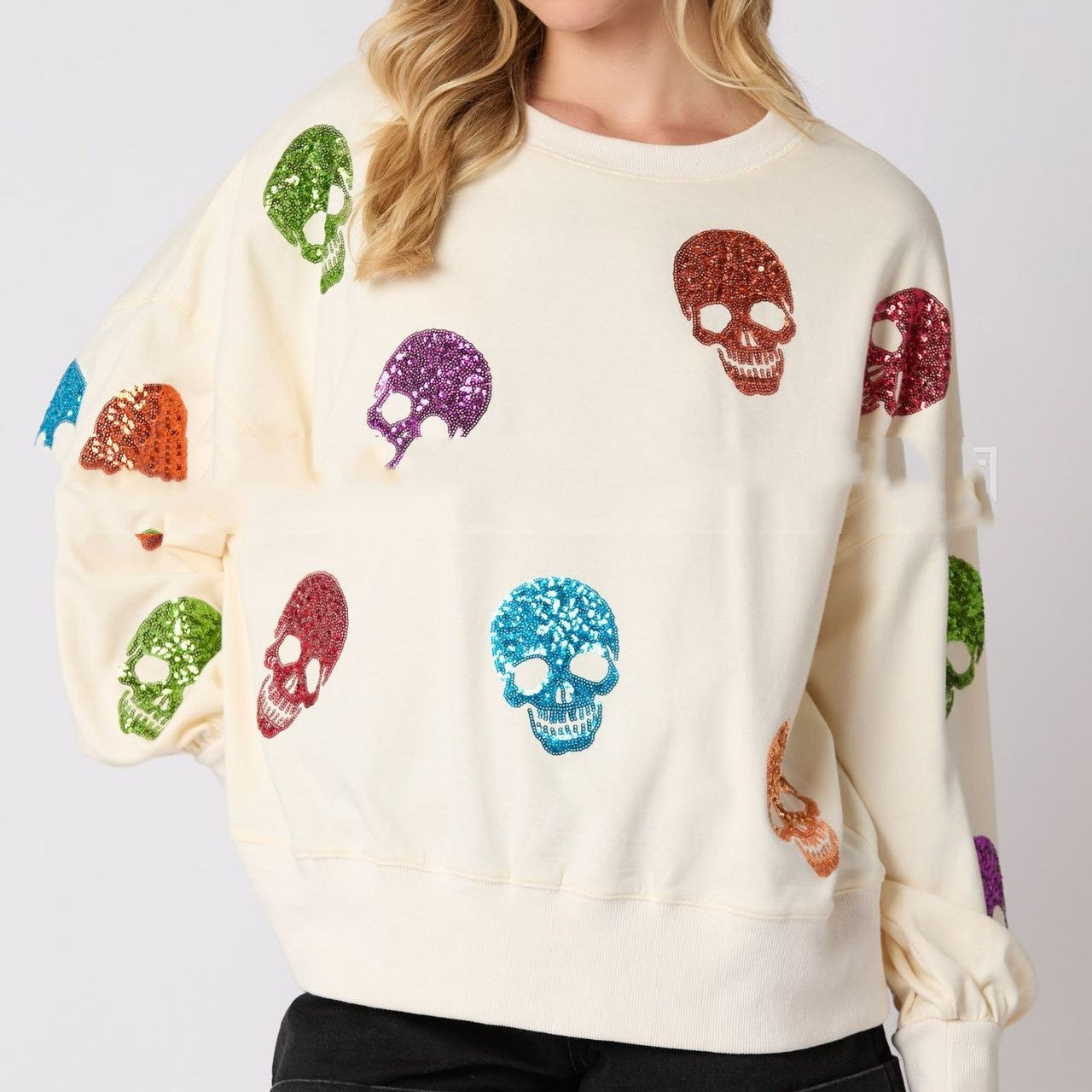 Suéter holgado con lentejuelas y calavera de Halloween para mujer