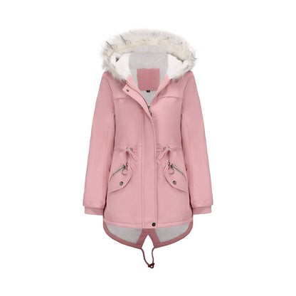 Abrigo acolchado de polar con cuello de piel y capucha para mujer